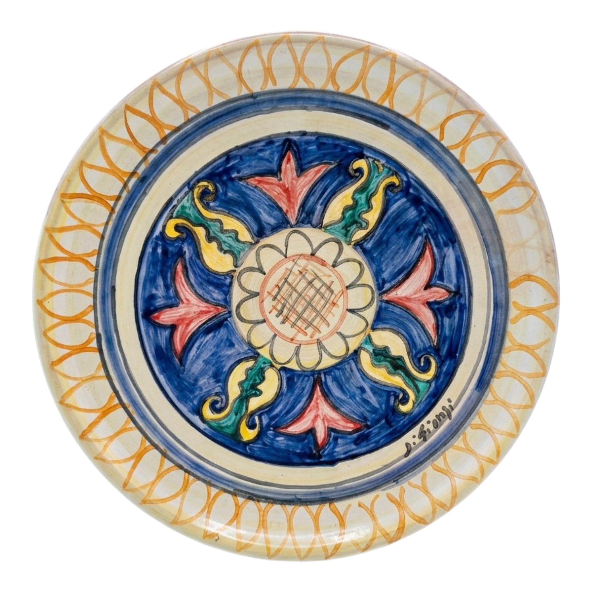 Piatto in Ceramica Dipinto a Mano Colori Blu Rosso Giallo Verde Nero e Arancio