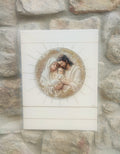 Capezzale su Tela 30x40 cm con Applicazione in Legno Stampato 20x20 cm, Sacra Famiglia, Decorazione Religiosa da Parete con spessore tela 1,5 e perfili dorati