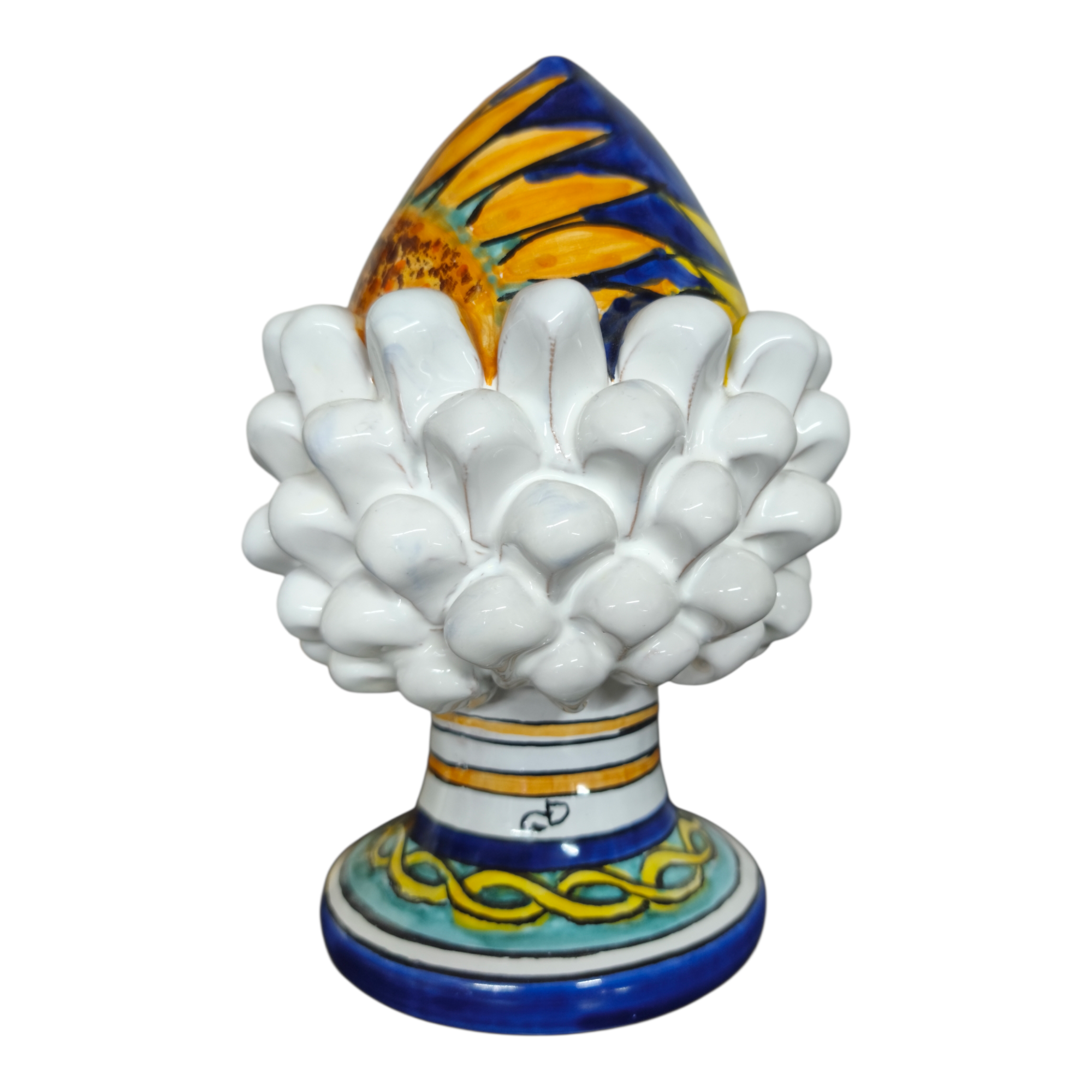 Pigna Decorativa in Ceramica Dipinta a Mano, Stile Pugliese Siciliano, Bianco Blu e Giallo