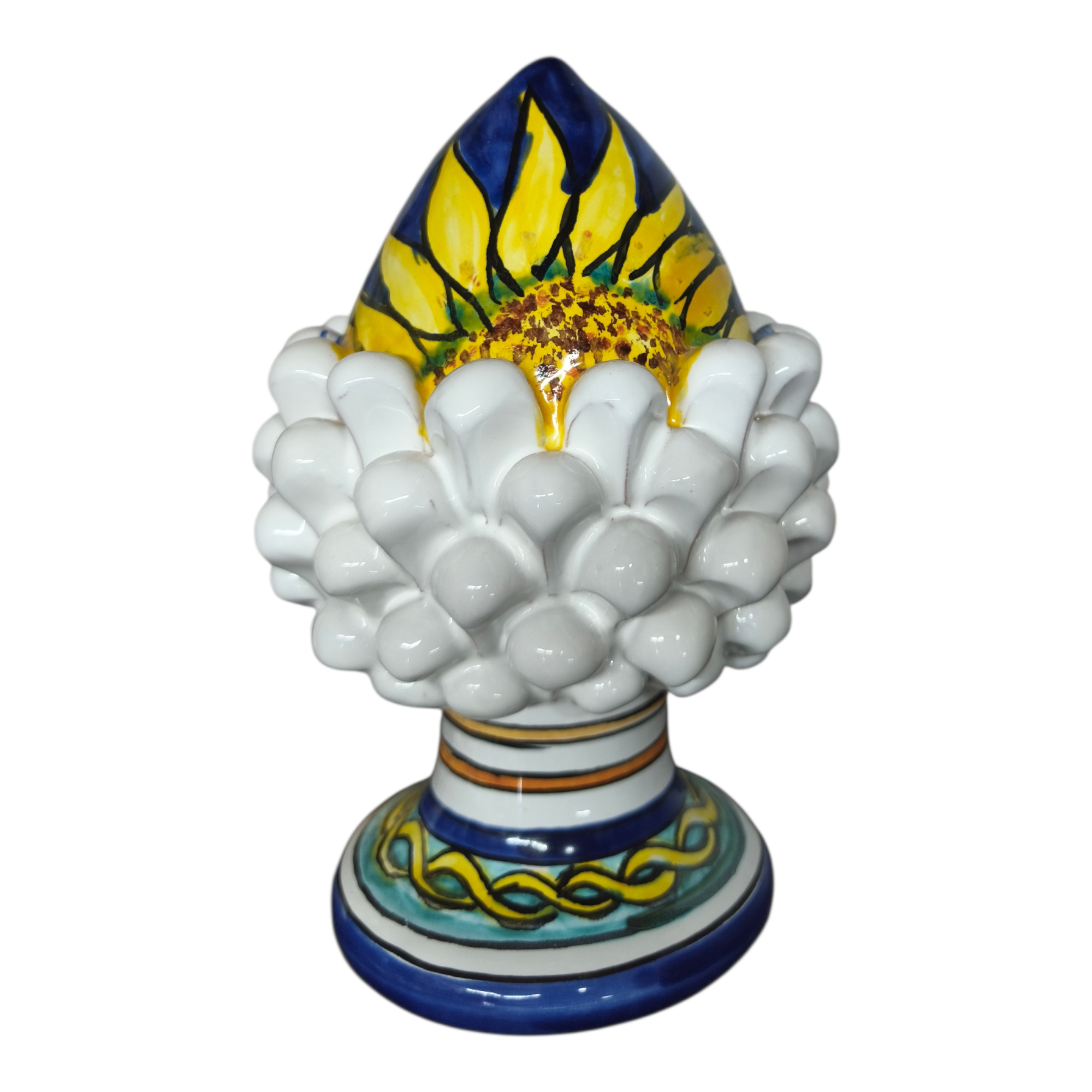 Pigna Decorativa in Ceramica Dipinta a Mano, Stile Pugliese Siciliano, Bianco Blu e Giallo