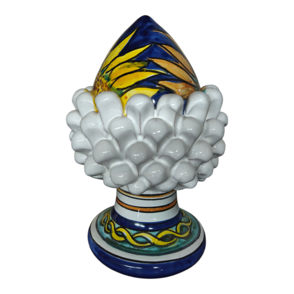 Pigna Decorativa in Ceramica Dipinta a Mano, Stile Pugliese Siciliano, Bianco Blu e Giallo