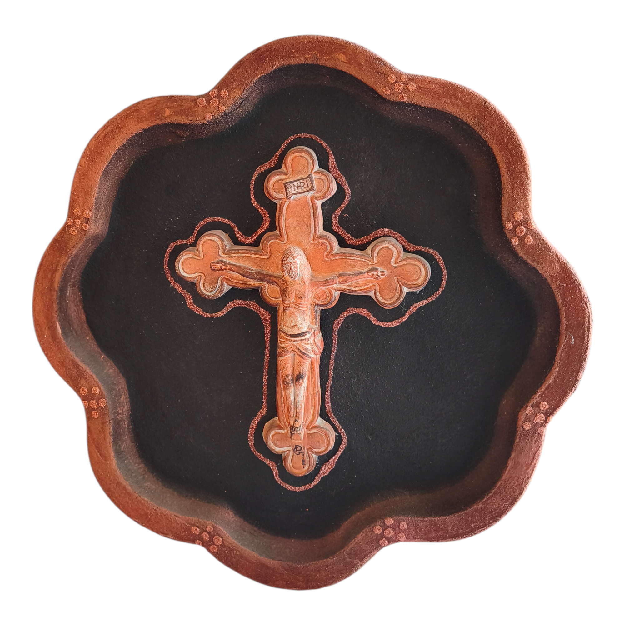Capezzale in Ceramica con Croce Dipinta a Mano, Piatto Decorativo da Parete