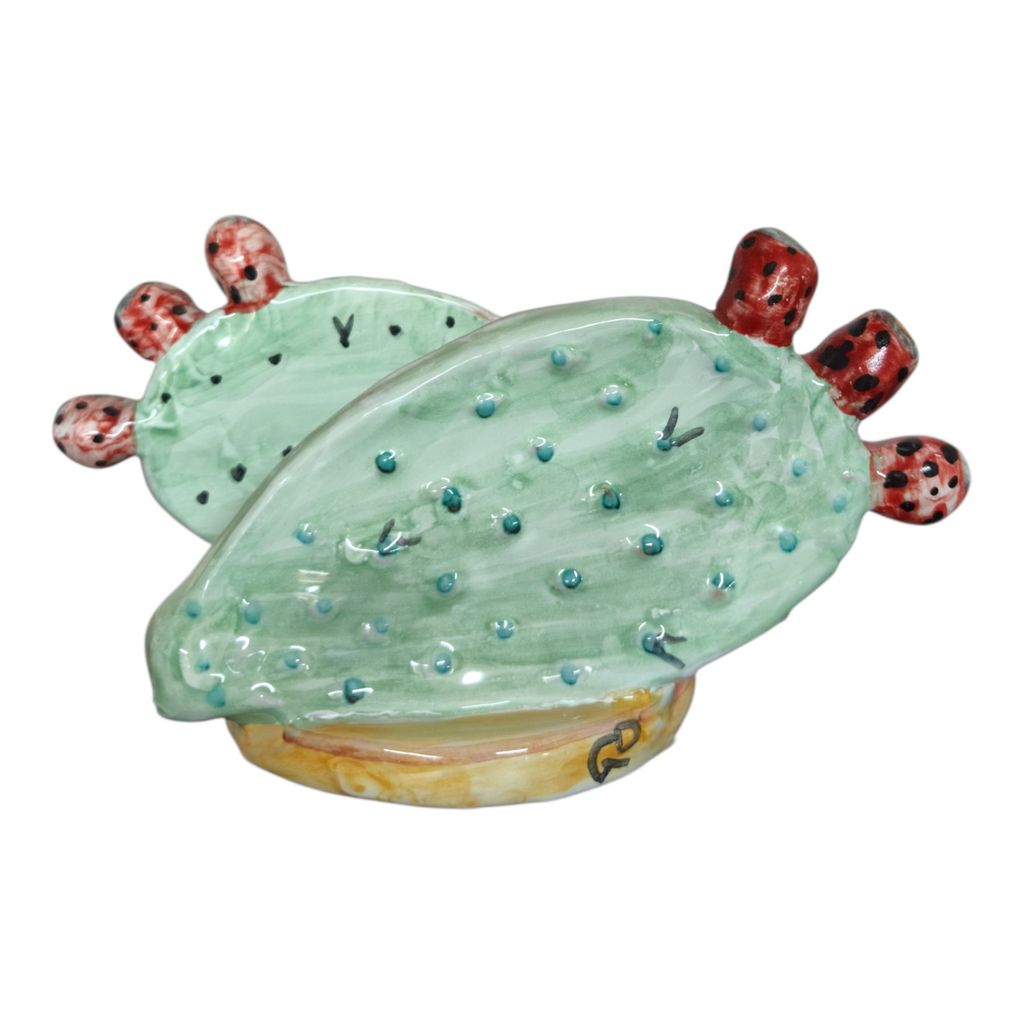 Portatovaglioli in Ceramica Dipinta a Mano a Forma di Ficodindia, Verde e Rosso, Stile Mediterraneo