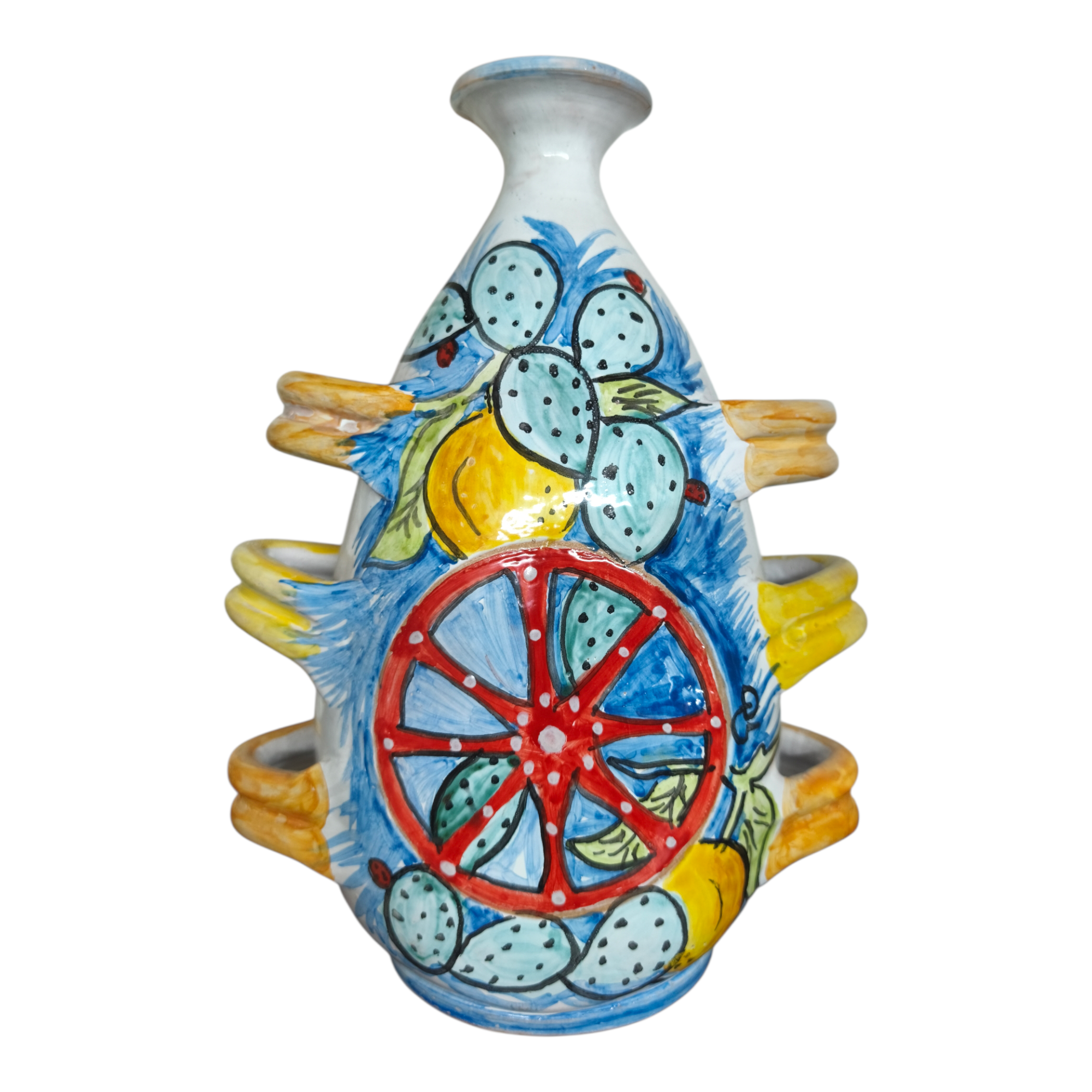 Vaso in Ceramica Dipinto a Mano con 6 Manici, Decori Limoni e Pale di Ficodindia, Ruota del Carretto Siciliano