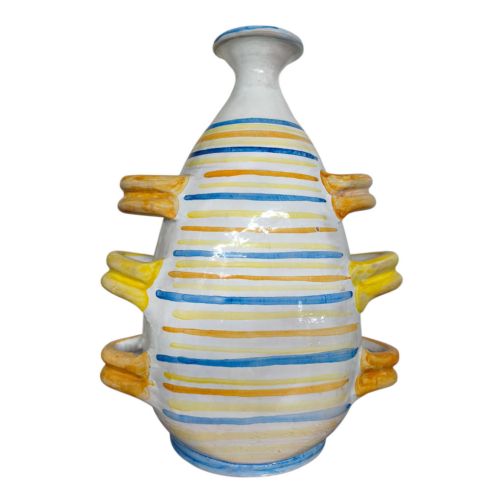 Vaso in Ceramica Dipinto a Mano con 6 Manici, Decori Limoni e Pale di Ficodindia, Ruota del Carretto Siciliano