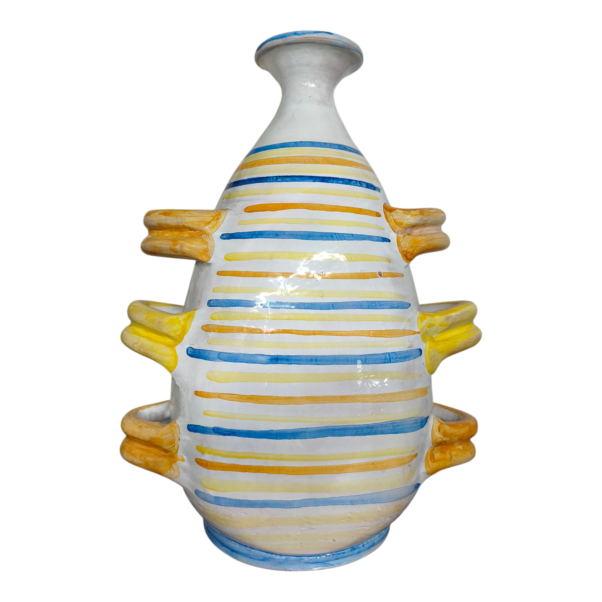 Vaso in Ceramica Dipinto a Mano con 6 Manici, Decori Limoni e Pale di Ficodindia, Ruota del Carretto Siciliano