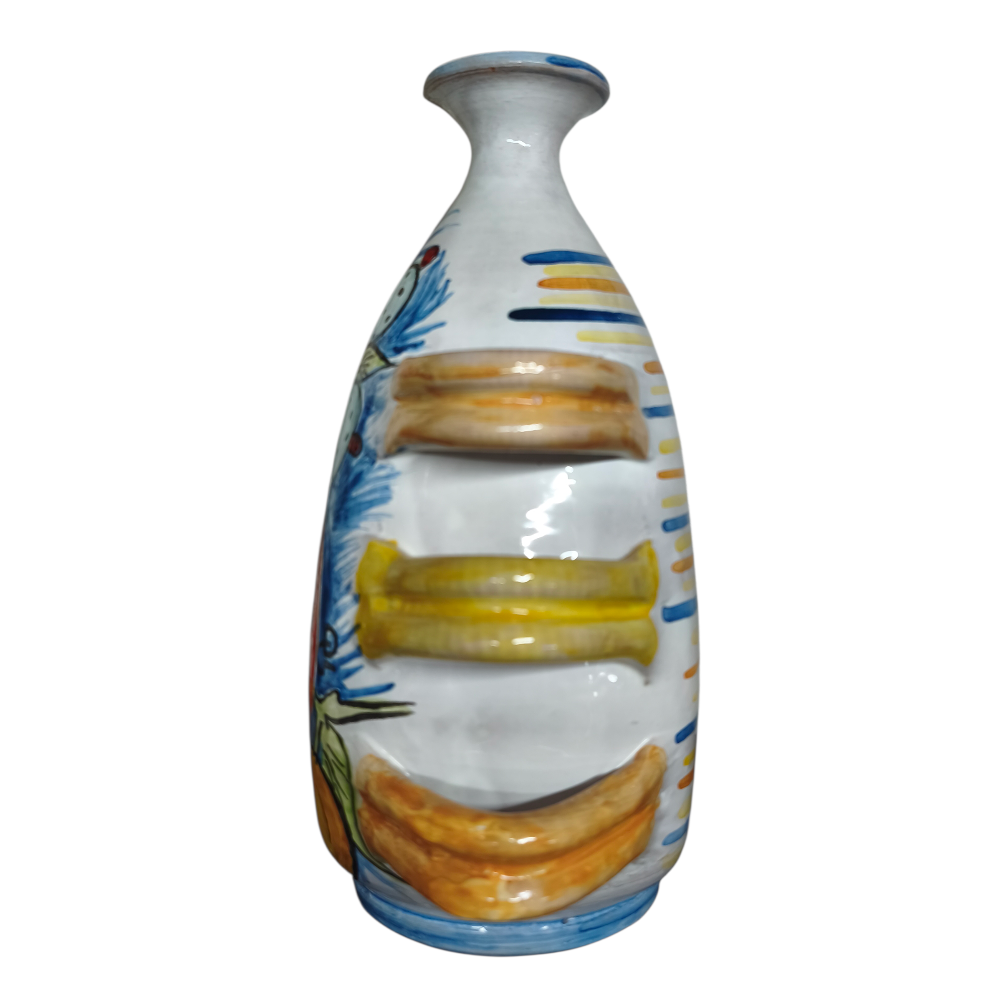 Vaso in Ceramica Dipinto a Mano con 6 Manici, Decori Limoni e Pale di Ficodindia, Ruota del Carretto Siciliano