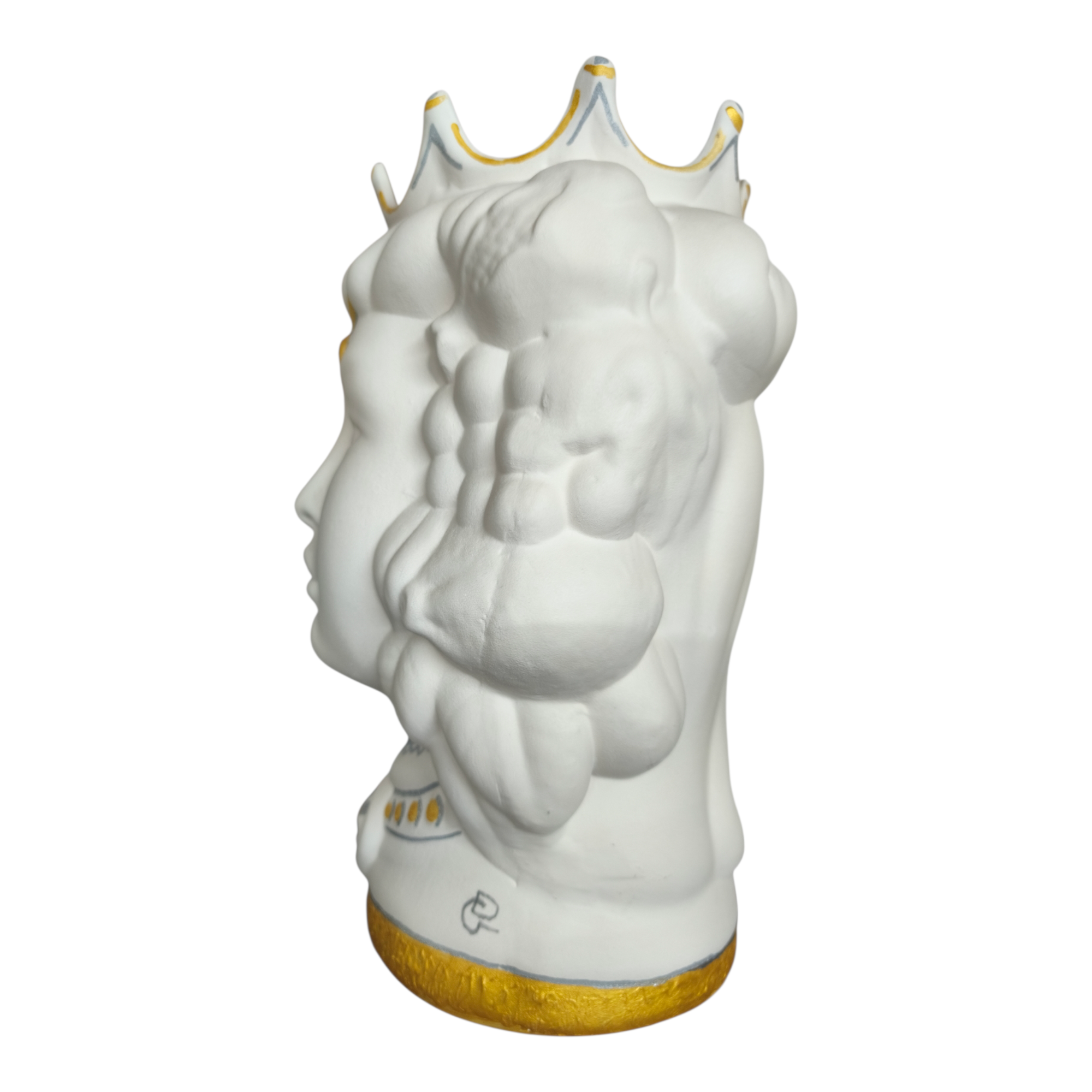 Testa di Moro Donna in Ceramica Dipinta a Mano, Bianco con Dettagli Dorati e Argento