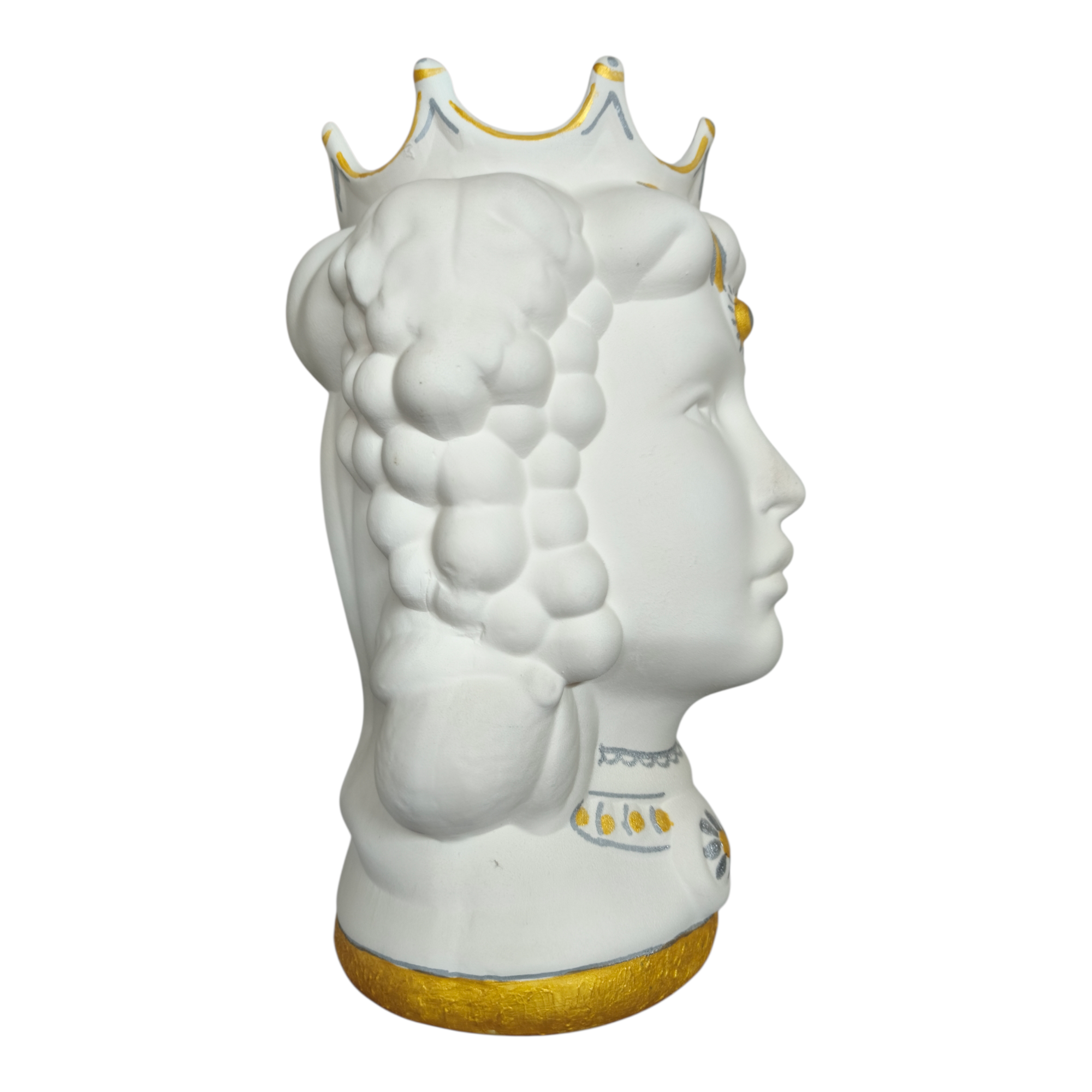 Testa di Moro Donna in Ceramica Dipinta a Mano, Bianco con Dettagli Dorati e Argento