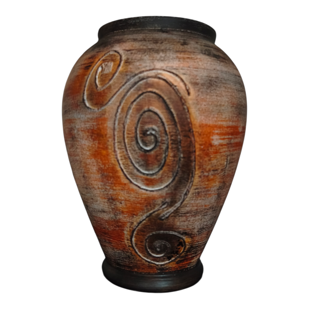 Vaso in Ceramica Dipinto a Mano, Decoro Spirale a Rilievo, Marrone, Arancio Dorato e Panna