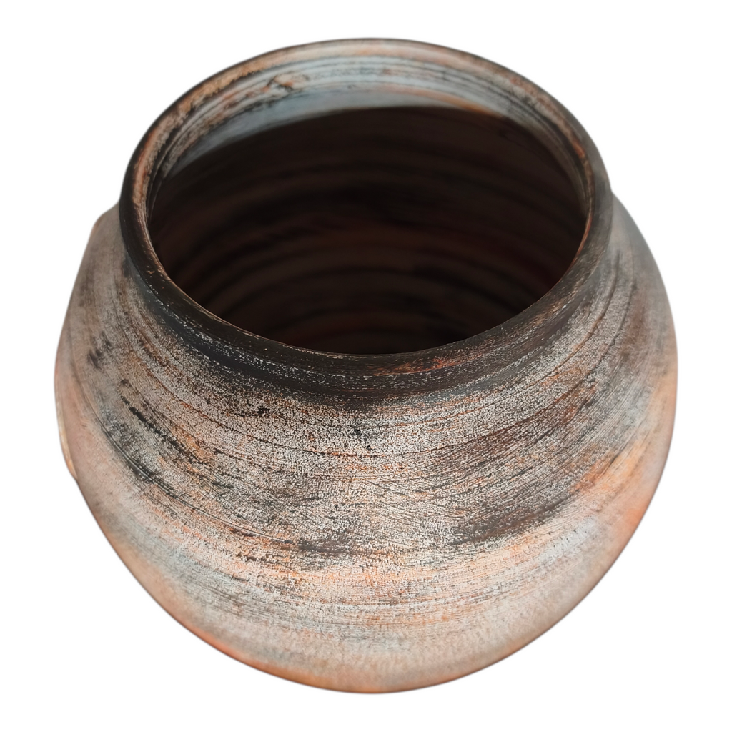 Vaso in Ceramica Dipinto a Mano, Decoro Spirale a Rilievo, Marrone, Arancio Dorato e Panna