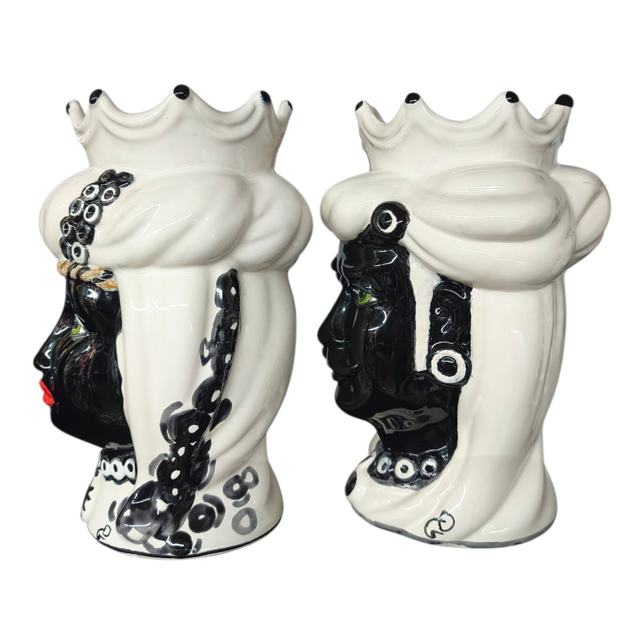 Teste di Moro Siciliane in Ceramica,Coppia Re e Regina, Bianco e Nero con Dettagli artistici