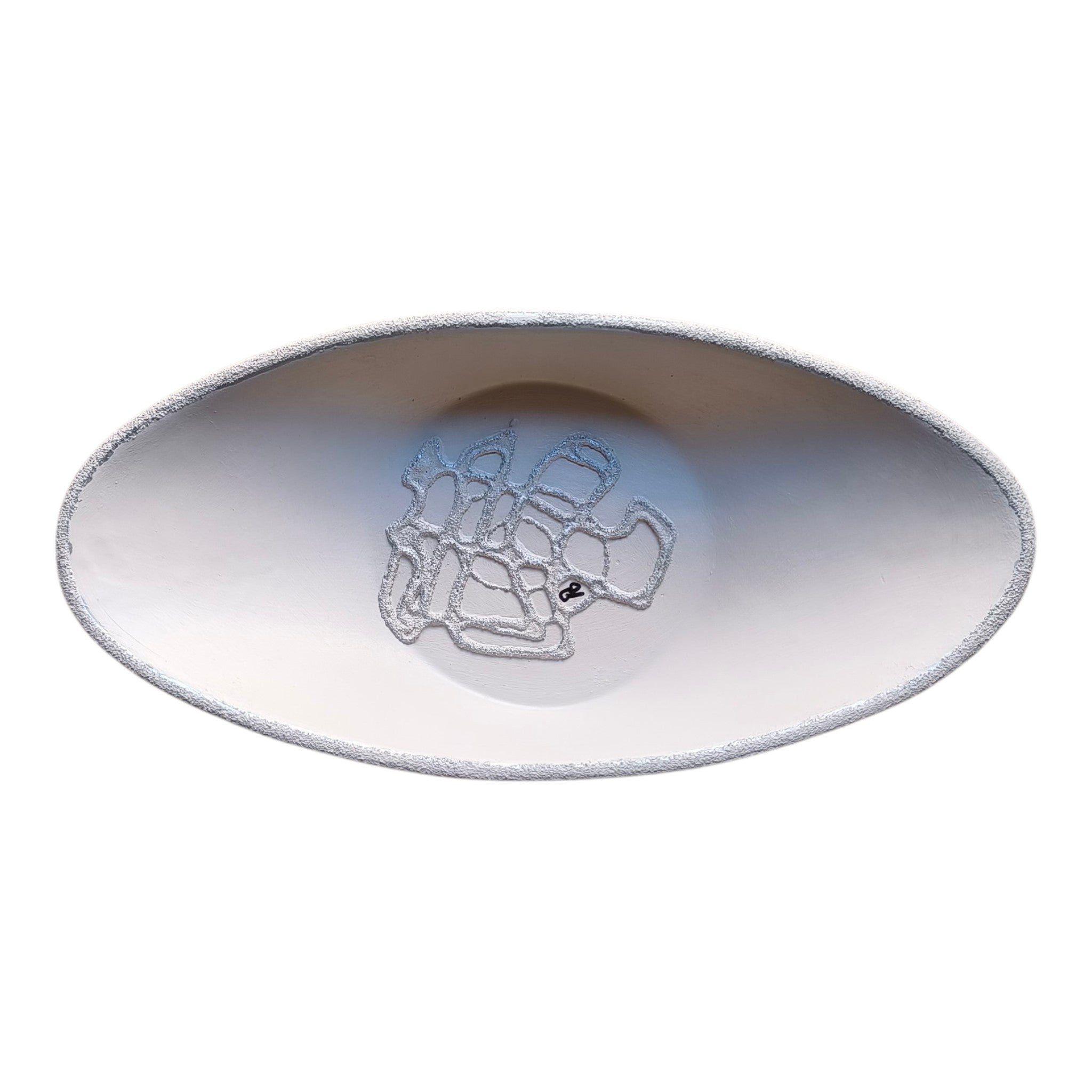 Centrotavola in Ceramica Dipinto a Mano Colore Panna con Decori a Rilievo Argento