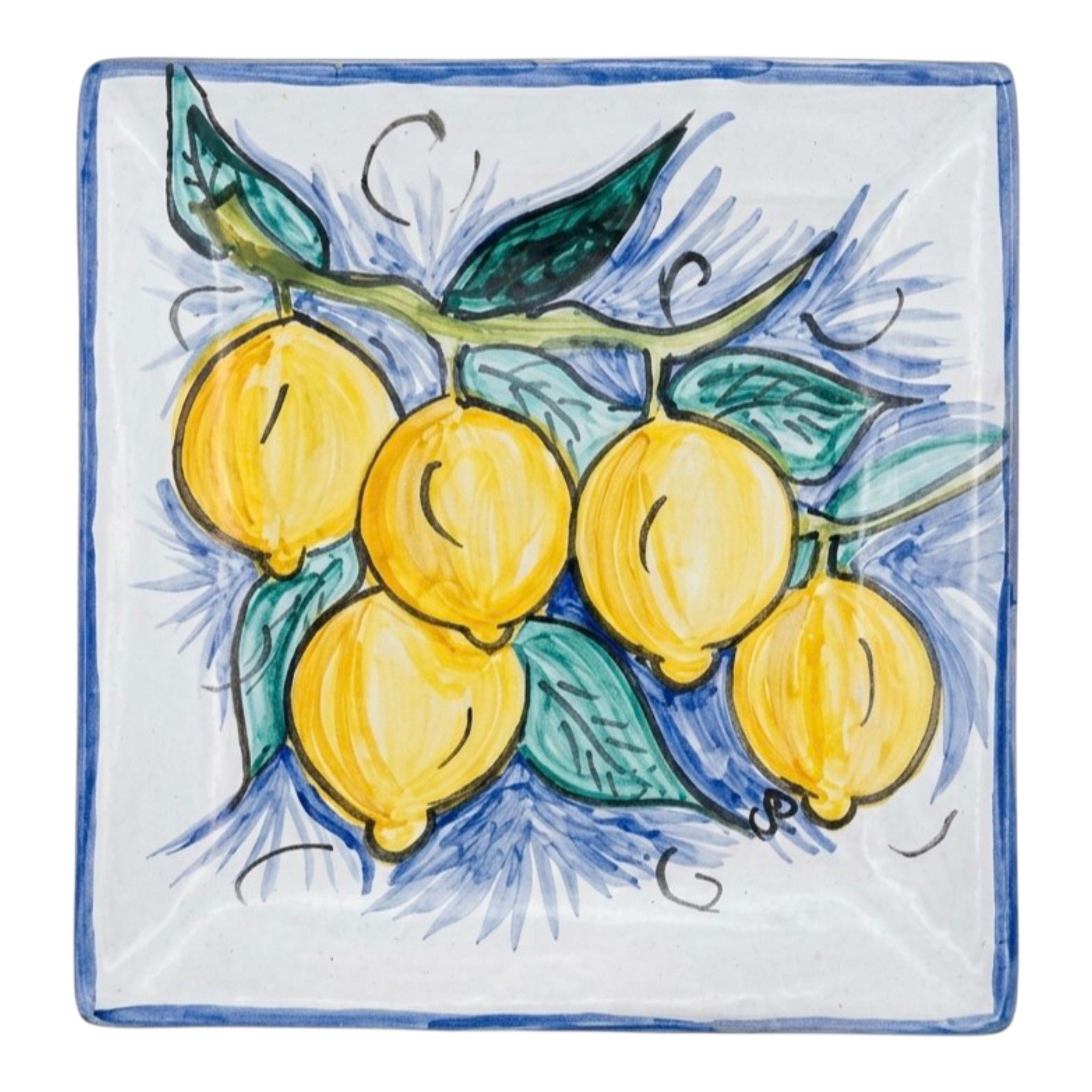 Piatto Quadrato in Ceramica Dipinto a Mano con Decoro Limoni