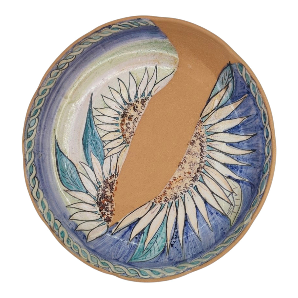 Centrotavola in Ceramica Dipinto a Mano con Decoro Girasole e Particolari in Terracotta