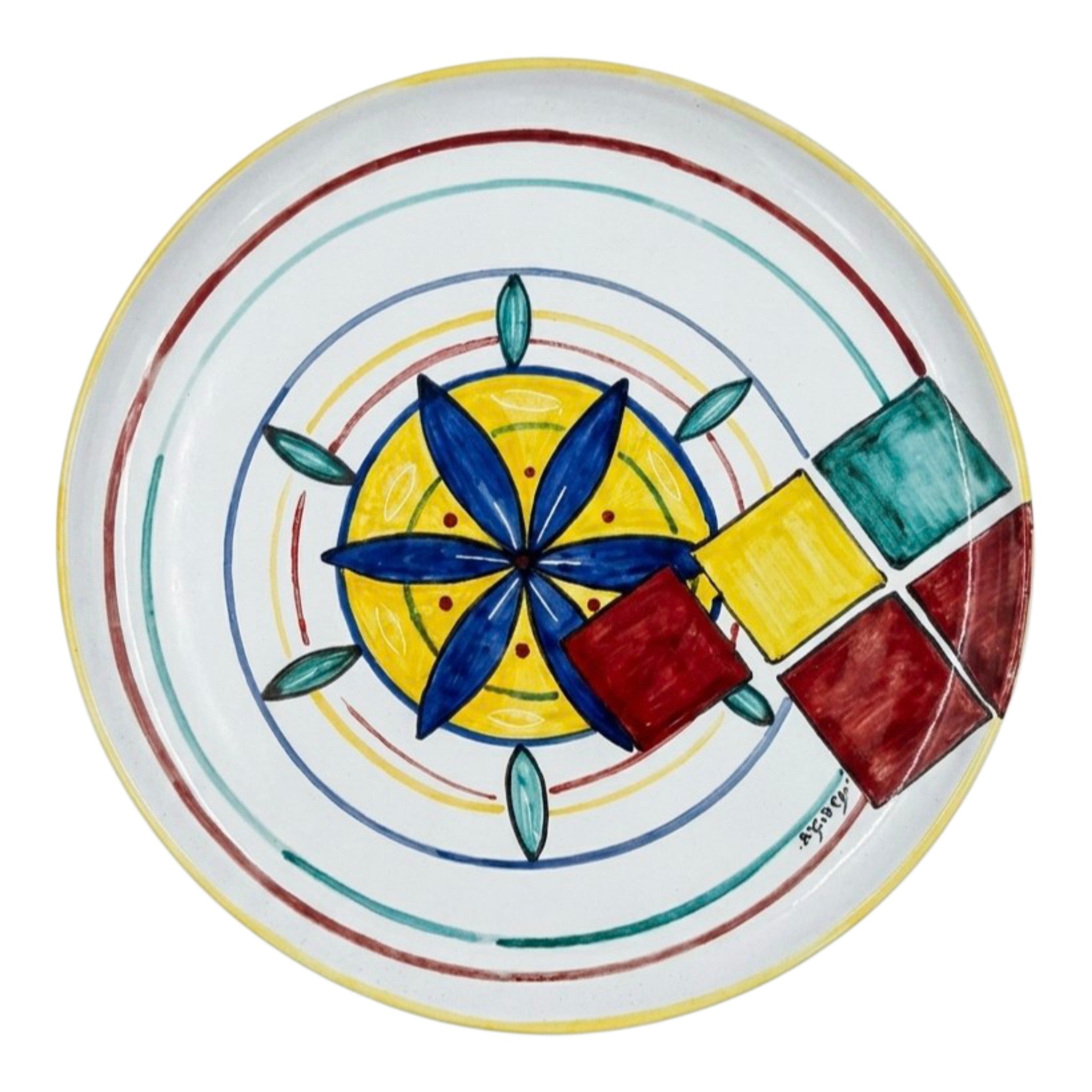 Piatto in Ceramica Dipinto a Mano Colori Blu Giallo Rosso e Verde