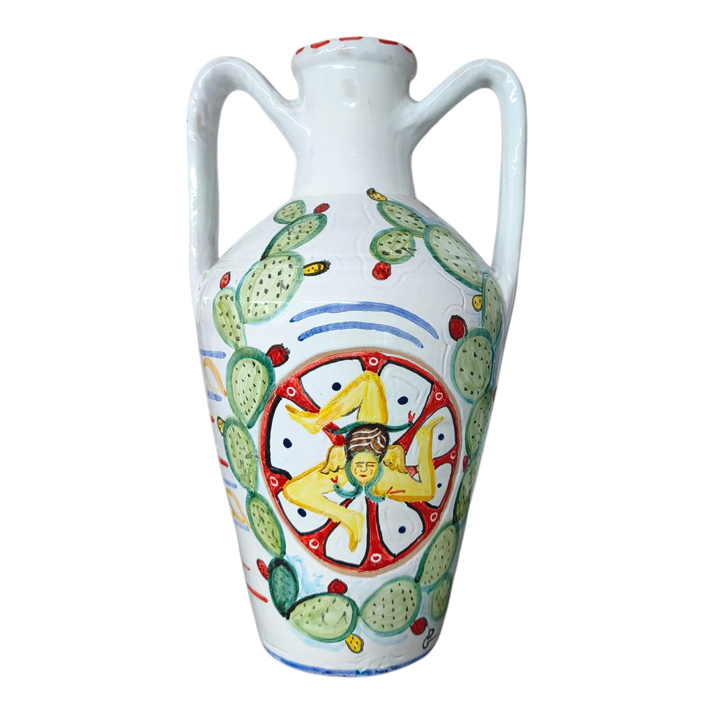 Quartara in Ceramica Dipinta a Mano con Decori Siciliani Trinacria Ruota e Fichidindia