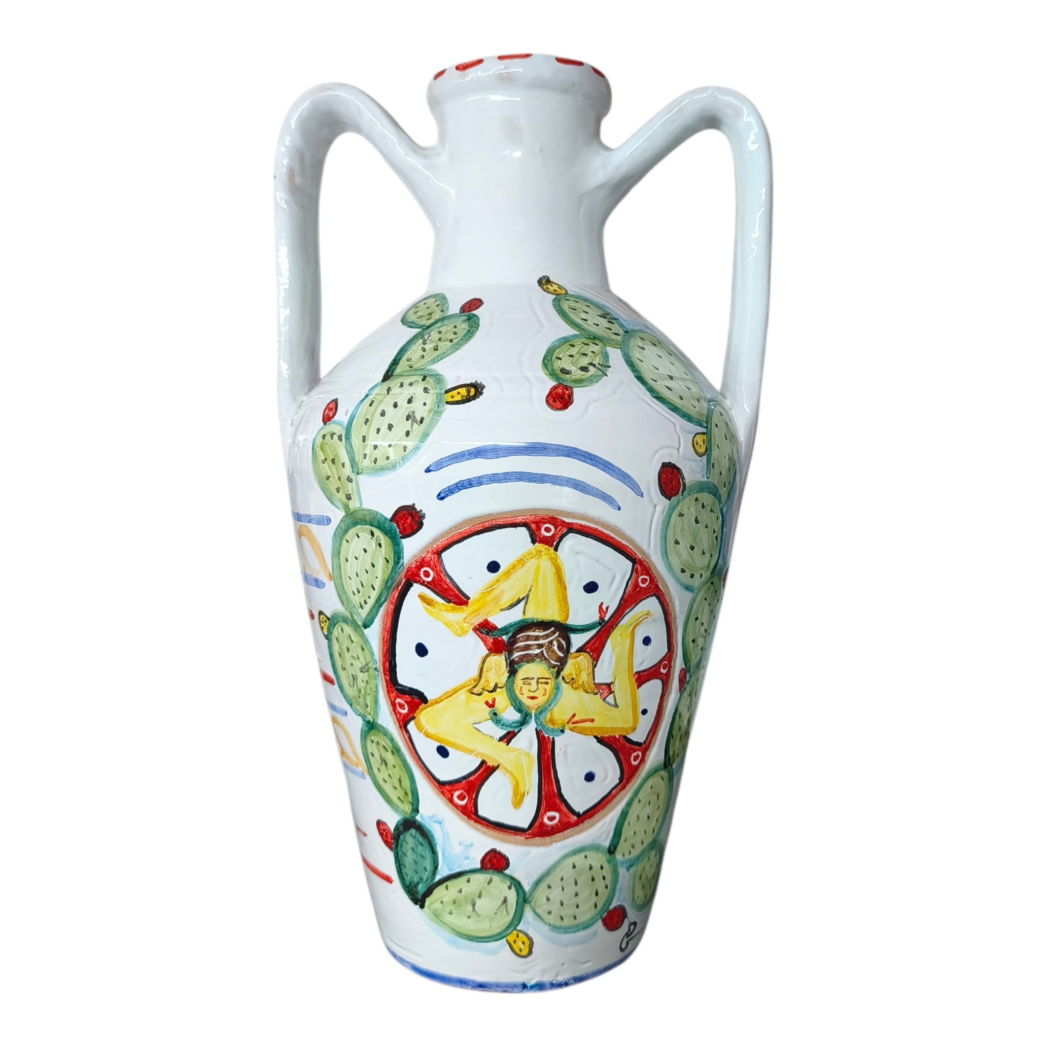 Quartara in Ceramica Dipinta a Mano con Decori Siciliani Trinacria Ruota e Fichidindia