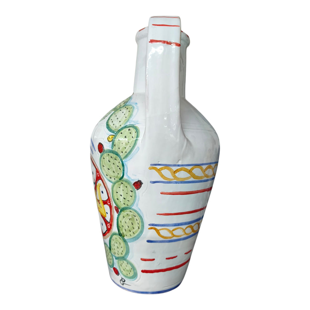 Quartara in Ceramica Dipinta a Mano con Decori Siciliani Trinacria Ruota e Fichidindia
