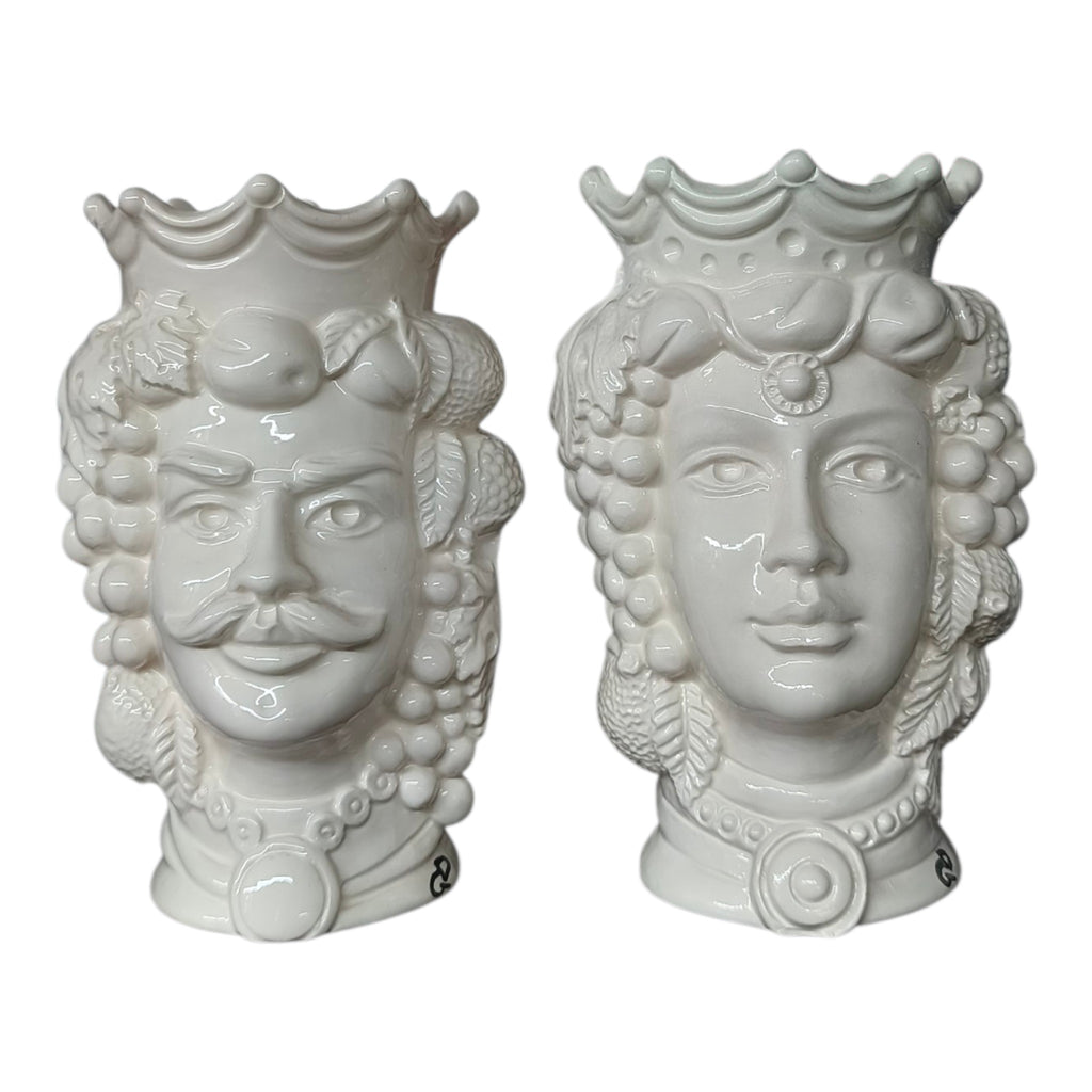 Testa di Moro in Ceramica Dipinta a Mano Bianca Lucida con Frutti — Coppia