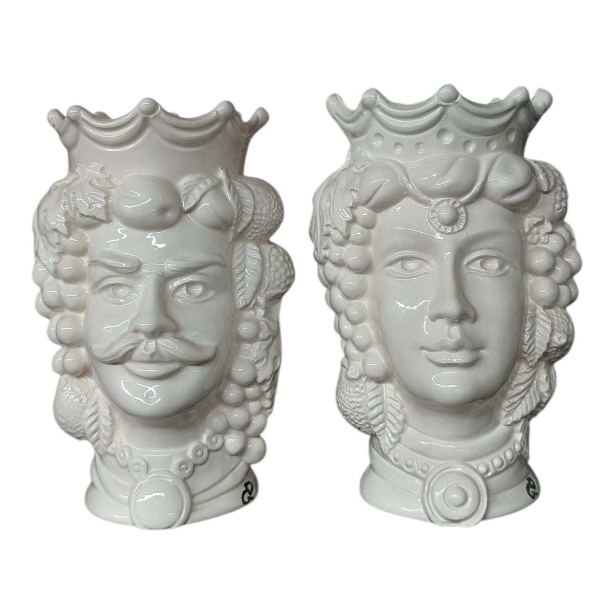 Testa di Moro in Ceramica Dipinta a Mano Bianca Lucida con Frutti — Coppia