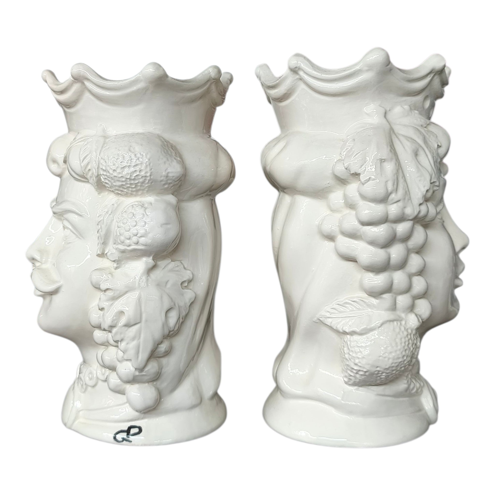 Testa di Moro in Ceramica Dipinta a Mano Bianca Lucida con Frutti — Coppia