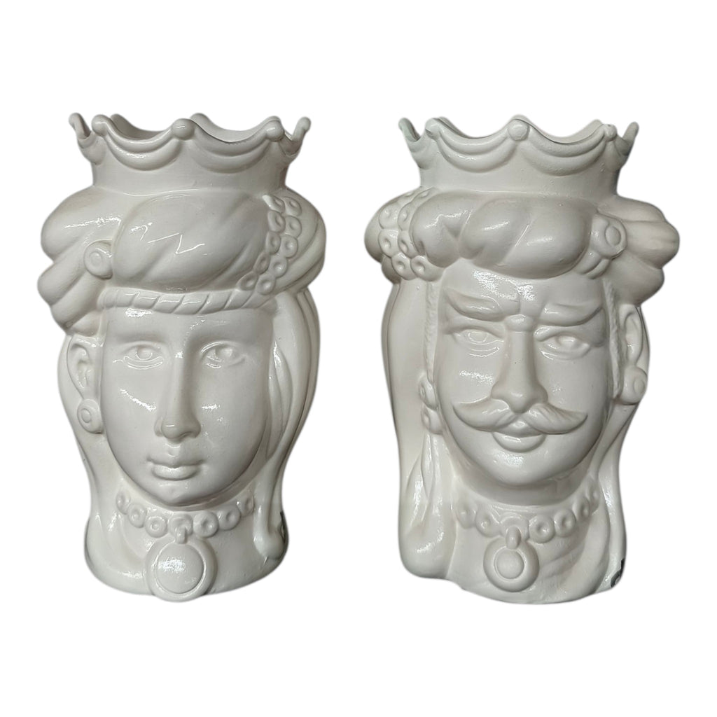 Teste di Moro in Ceramica Dipinta a Mano Bianche con Corona e Turbante — Coppia