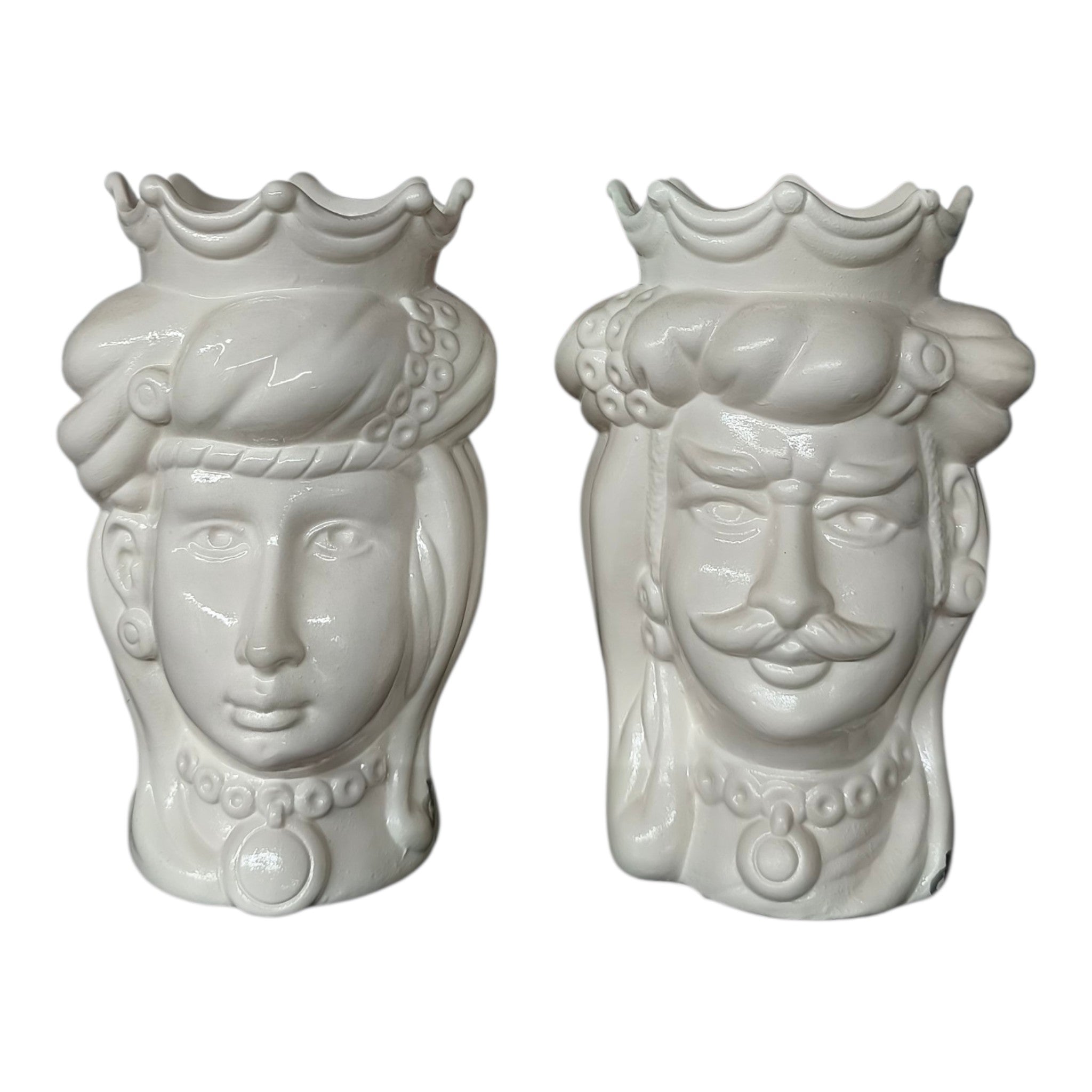Teste di Moro in Ceramica Dipinta a Mano Bianche con Corona e Turbante — Coppia
