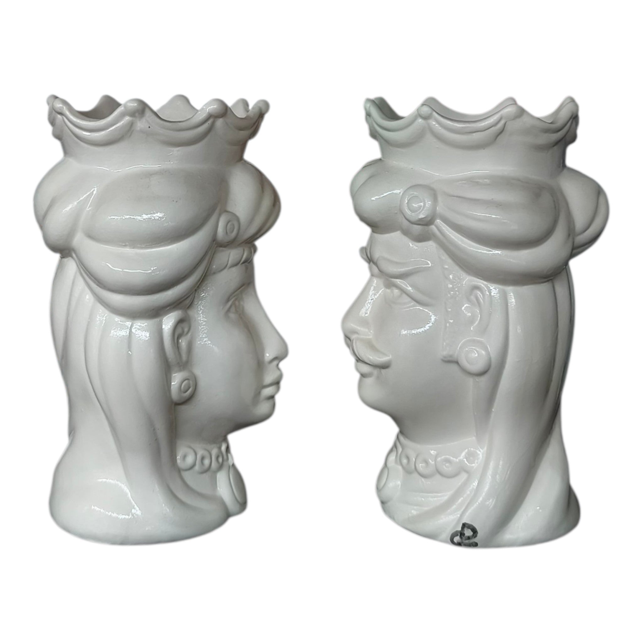Teste di Moro in Ceramica Dipinta a Mano Bianche con Corona e Turbante — Coppia