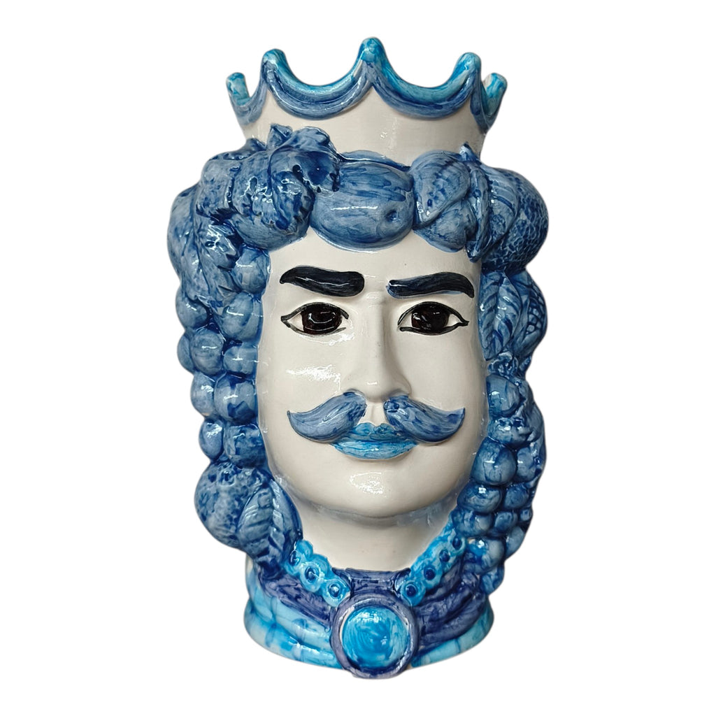 Testa di Moro in Ceramica Dipinta a Mano con Decori Azzurro e Blu, Frutta e Corona