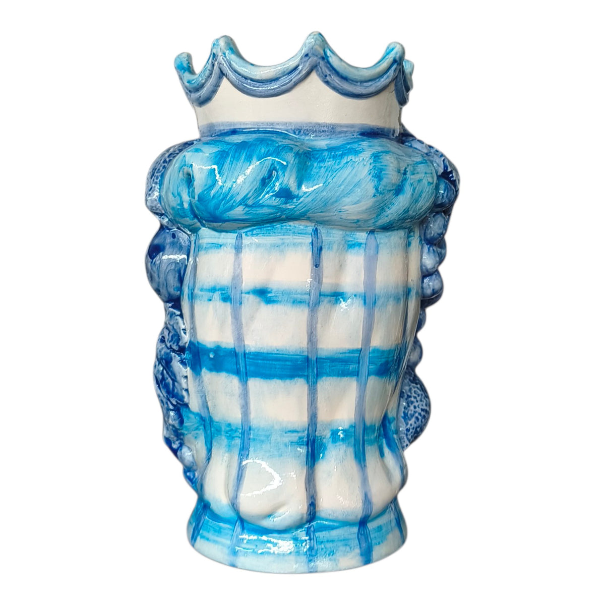 Testa di Moro in Ceramica Dipinta a Mano con Decori Azzurro e Blu, Frutta e Corona