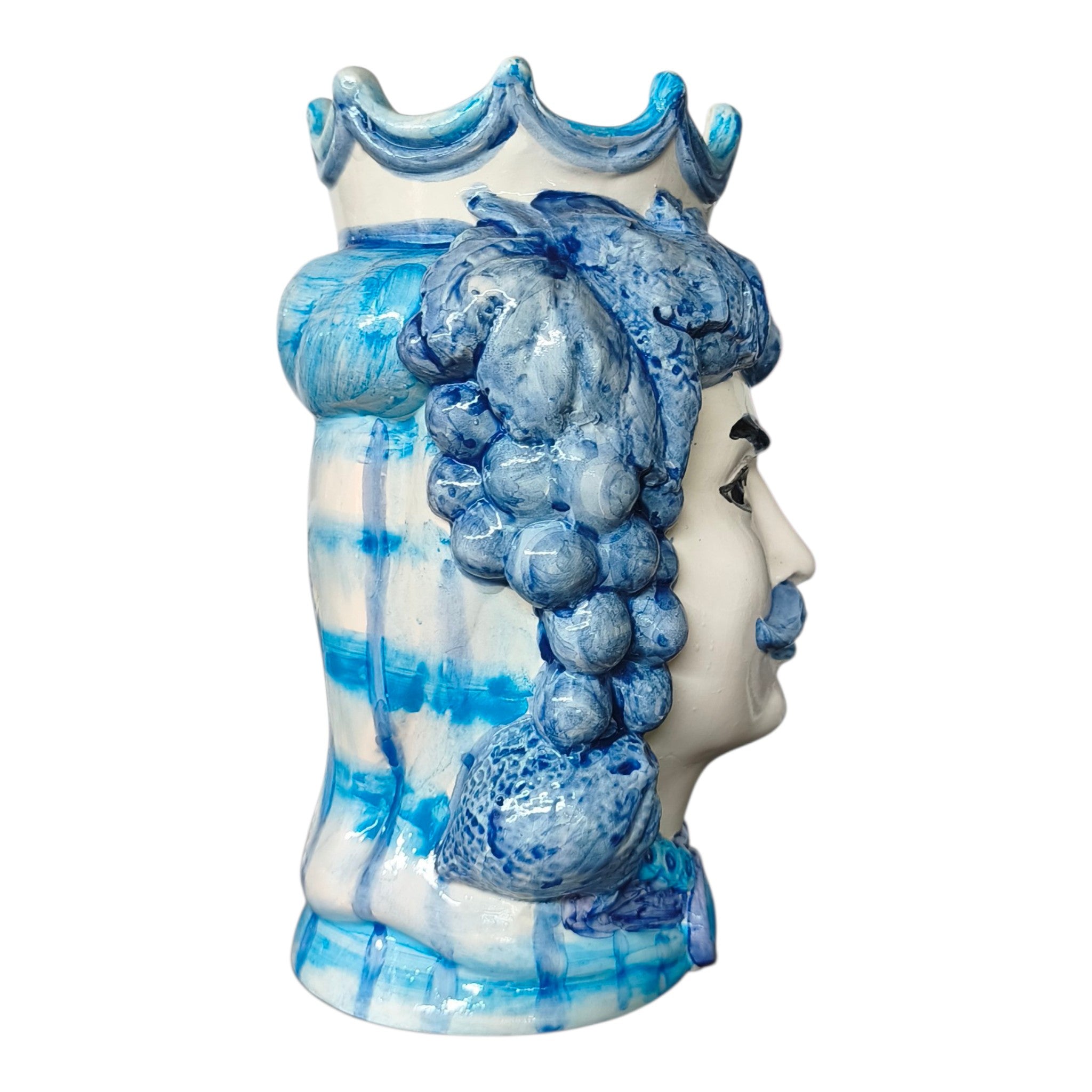 Testa di Moro in Ceramica Dipinta a Mano con Decori Azzurro e Blu, Frutta e Corona