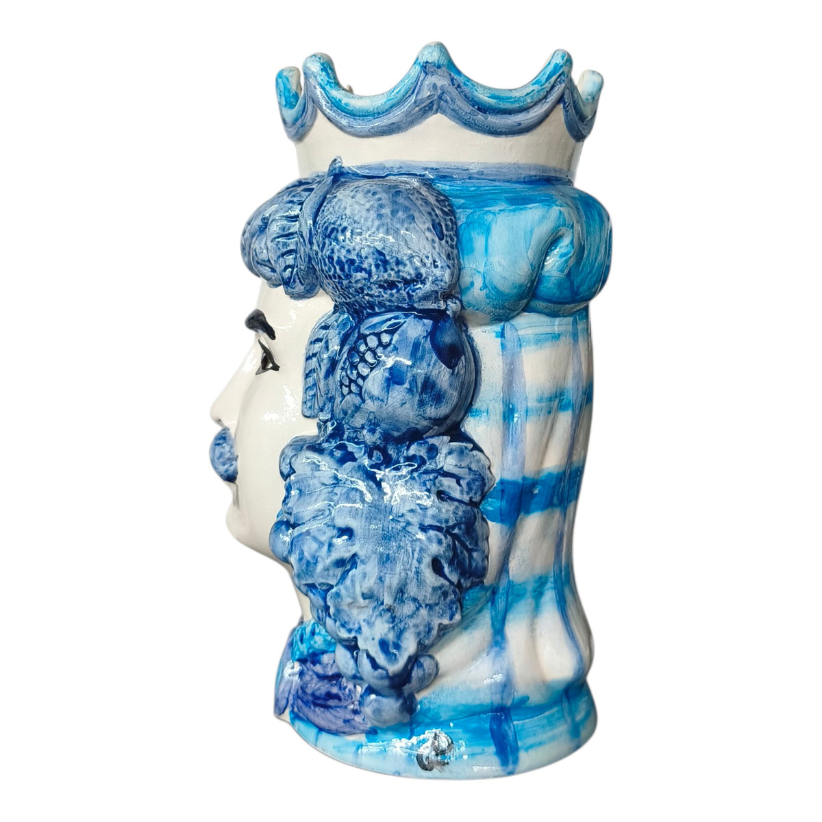Testa di Moro in Ceramica Dipinta a Mano con Decori Azzurro e Blu, Frutta e Corona