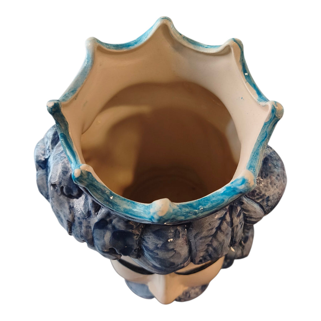 Testa di Moro in Ceramica Dipinta a Mano con Decori Azzurro e Blu, Frutta e Corona