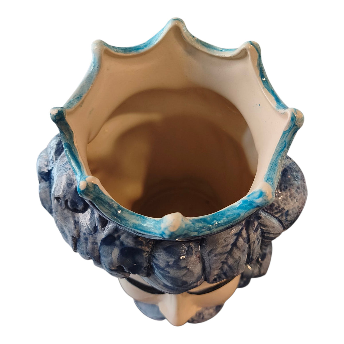Testa di Moro in Ceramica Dipinta a Mano con Decori Azzurro e Blu, Frutta e Corona