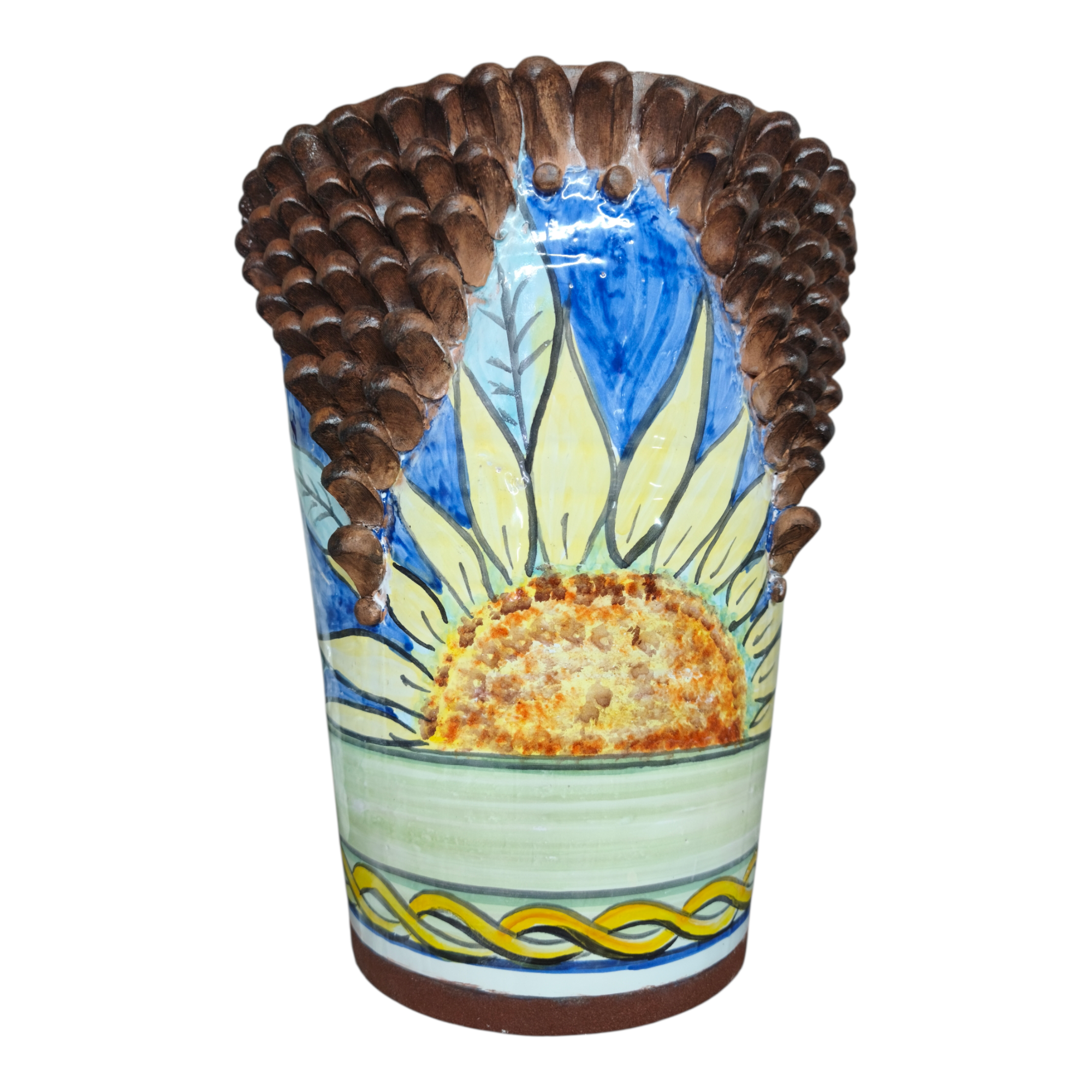 Vaso in Ceramica Decorativo Dipinto a Mano con Motivo Girasole e Pigna, Finitura color Legno, 35 cm Altezza, 29 cm Larghezza.