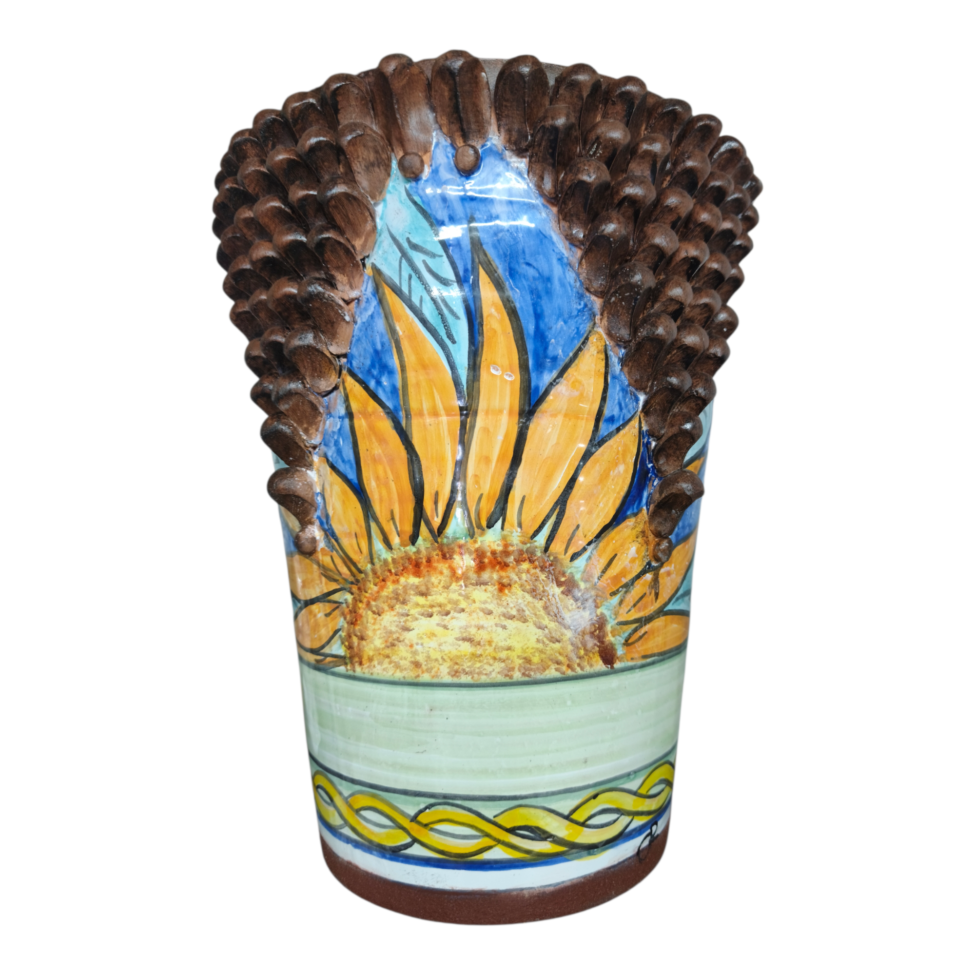 Vaso in Ceramica Decorativo Dipinto a Mano con Motivo Girasole e Pigna, Finitura color Legno, 35 cm Altezza, 29 cm Larghezza.