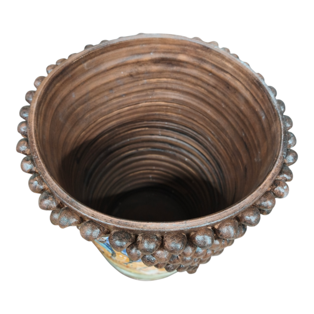 Vaso in Ceramica Decorativo Dipinto a Mano con Motivo Girasole e Pigna, Finitura color Legno, 35 cm Altezza, 29 cm Larghezza.