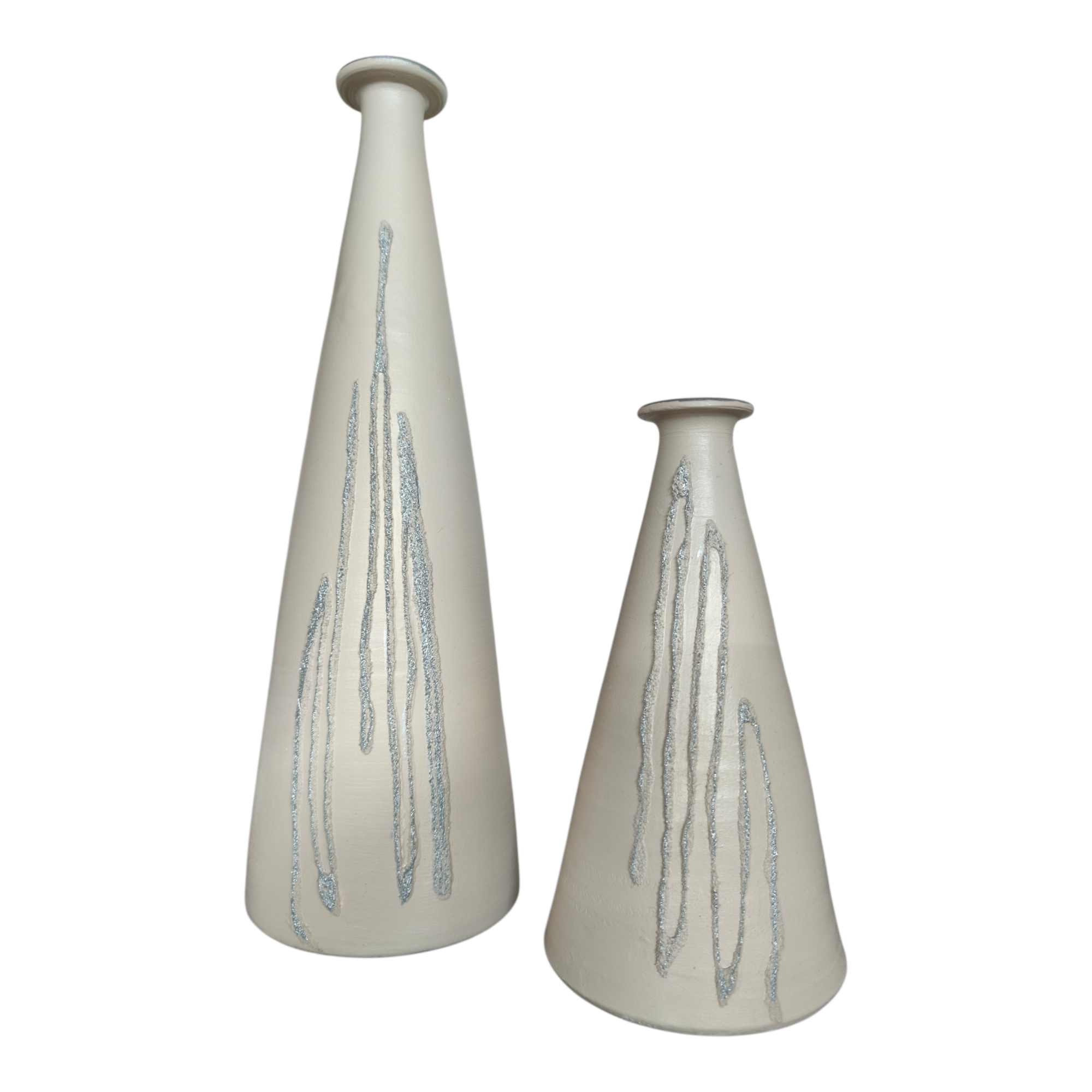 Vaso in Ceramica Dipinto a Mano con Rilievi Argento, Colore Panna, Set di 2 Pezzi, Altezza 30 cm e 18 cm, Stile Decorativo