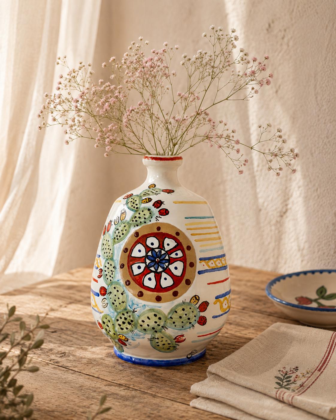Vaso-Bottiglia in Ceramica – Ruota Siciliana e Fichidindia