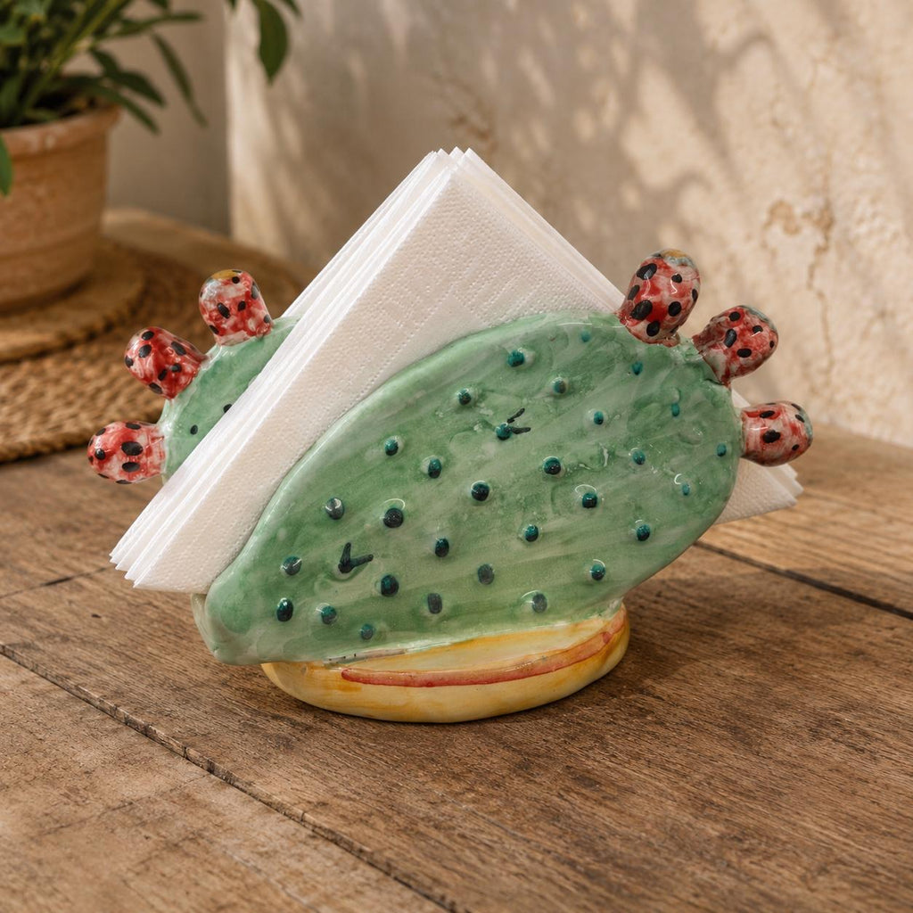Portatovaglioli in Ceramica Dipinta a Mano a Forma di Ficodindia, Verde e Rosso, Stile Mediterraneo
