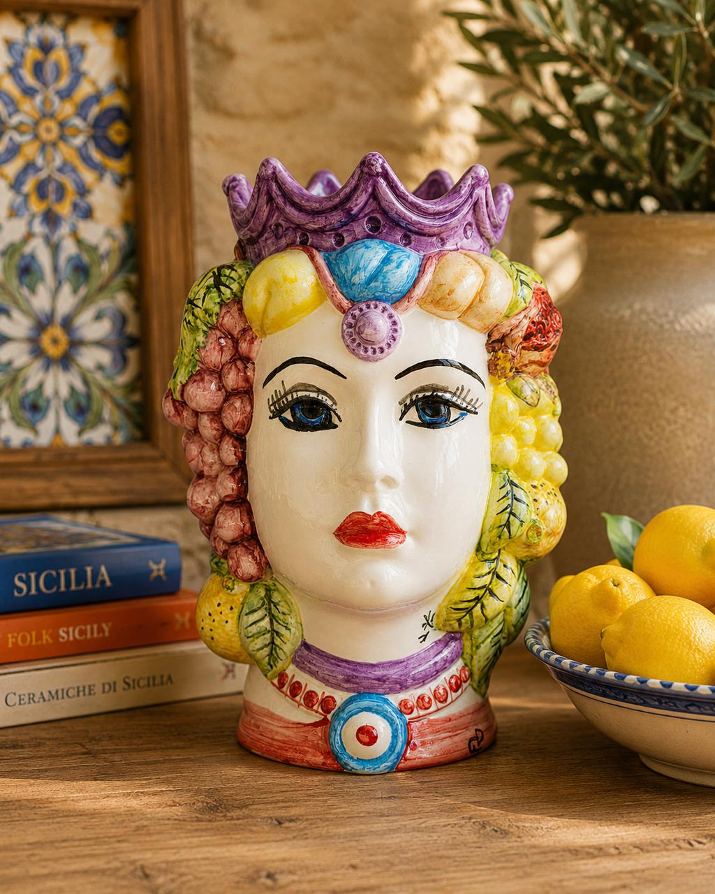 Testa di Moro Femminile in Ceramica con Corona e Frutta