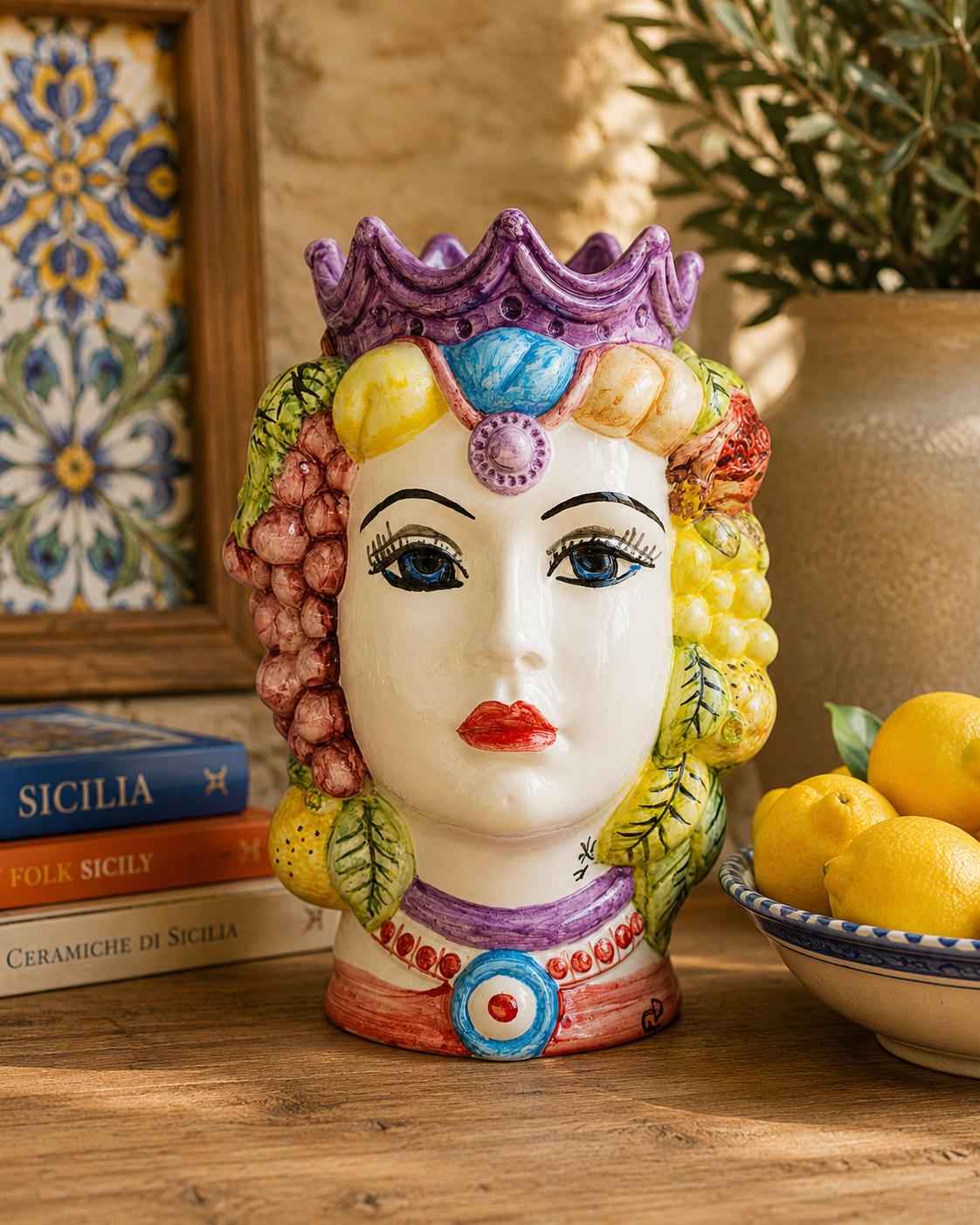 Testa di Moro Femminile in Ceramica con Corona e Frutta