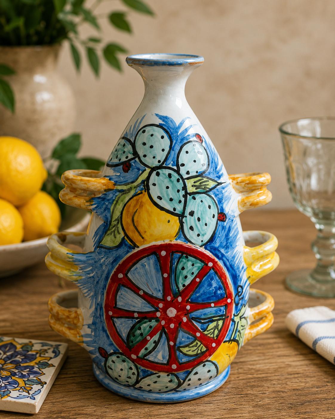 Vaso in Ceramica Dipinto a Mano con 6 Manici, Decori Limoni e Pale di Ficodindia, Ruota del Carretto Siciliano